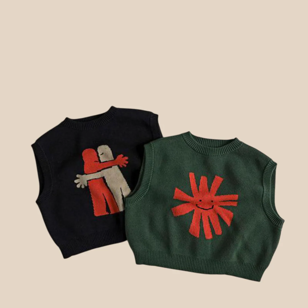 Stickad Ärmös Tröja – CozyArt Unisex, Grön/Svart, Bomull, Storlek 0–6 år