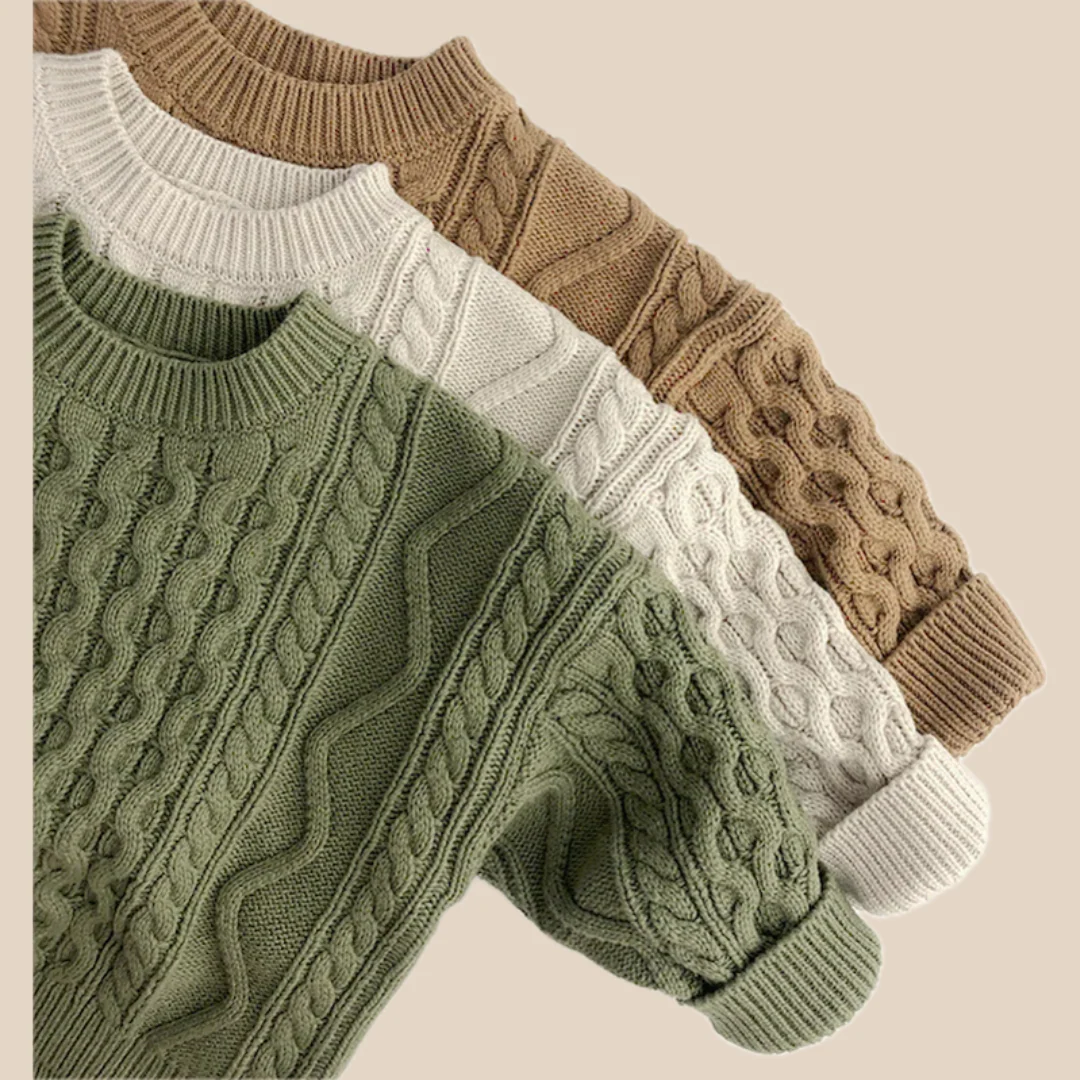 Stickad Tröja med Flätmönster – Pyong Unisex, Brun/Grön/Beige, Bomull, Storlek 0–6 år - Bild 2