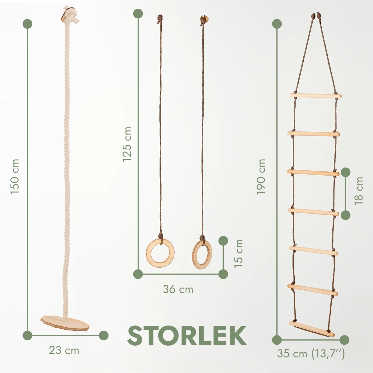Gungset med tre funktioner i ett: Repstege + gymnastikringar + skivgunga med rep - Bild 3