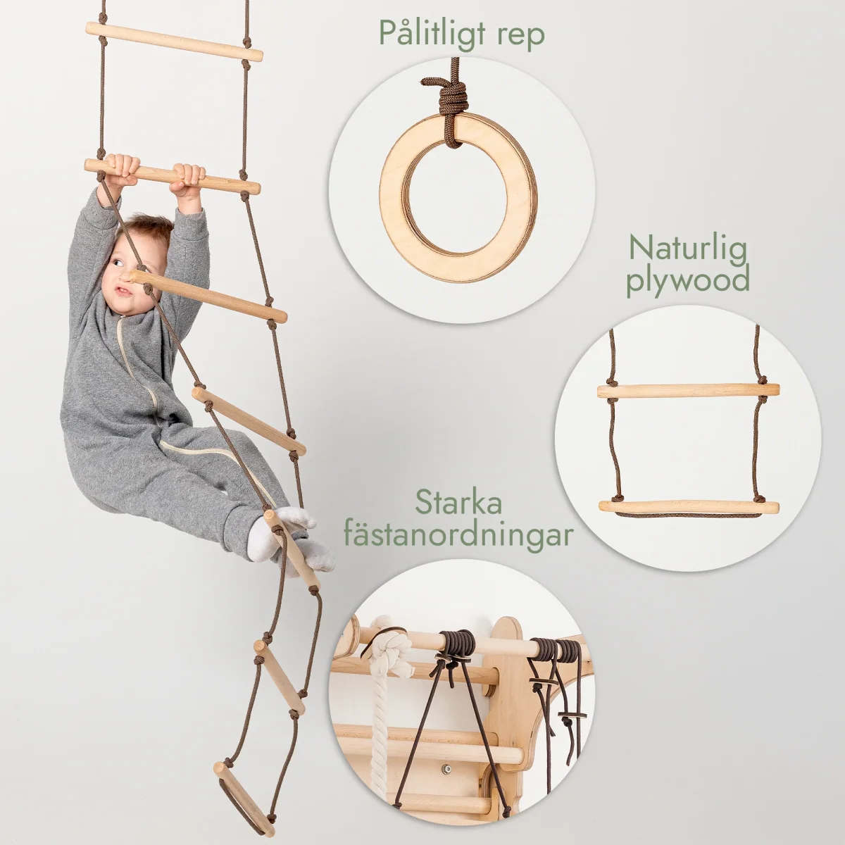 Gungset med tre funktioner i ett: Repstege + gymnastikringar + skivgunga med rep - Bild 7