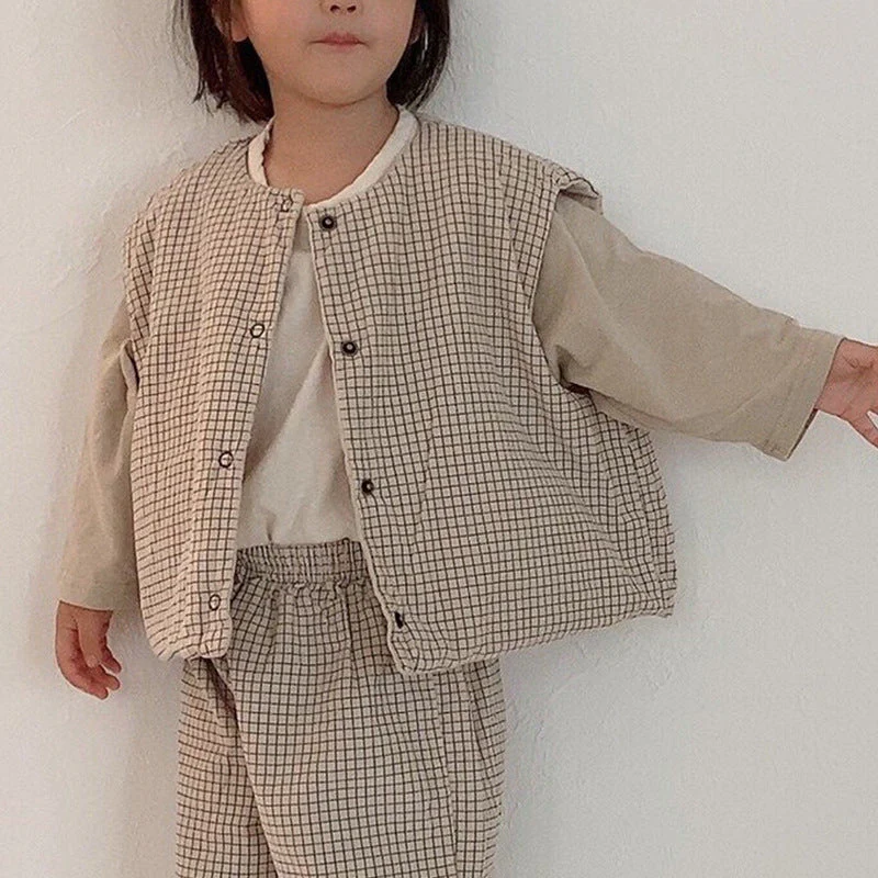 Vändbar Vadderad Väst – Rutigt Mönster Unisex, Brun/Beige, Bomull, 0–3 år - Bild 5