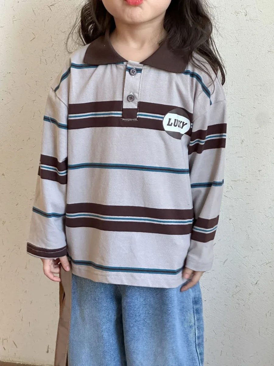 Pikétröja med ränder – LuckyStripe Unisex, Brun/Grå, Bomull, Storlek 0–8 år - Bild 5