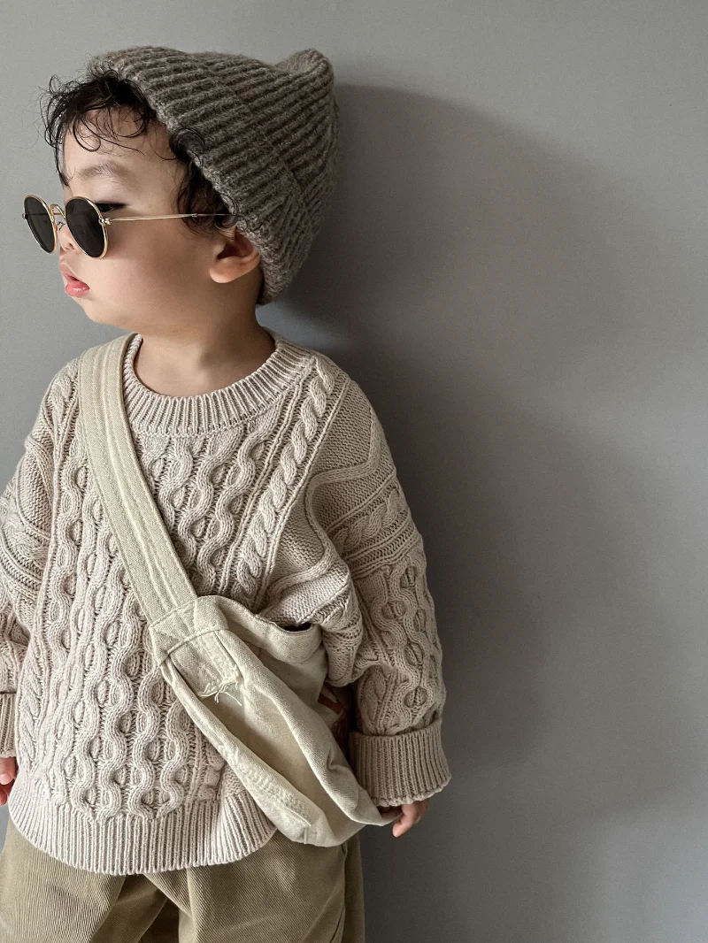 Stickad Tröja med Flätmönster – Pyong Unisex, Brun/Grön/Beige, Bomull, Storlek 0–6 år - Bild 3