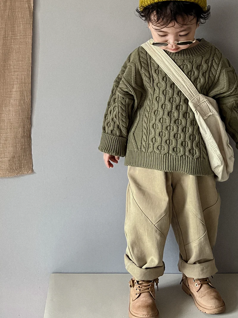 Stickad Tröja med Flätmönster – Pyong Unisex, Brun/Grön/Beige, Bomull, Storlek 0–6 år - Bild 5