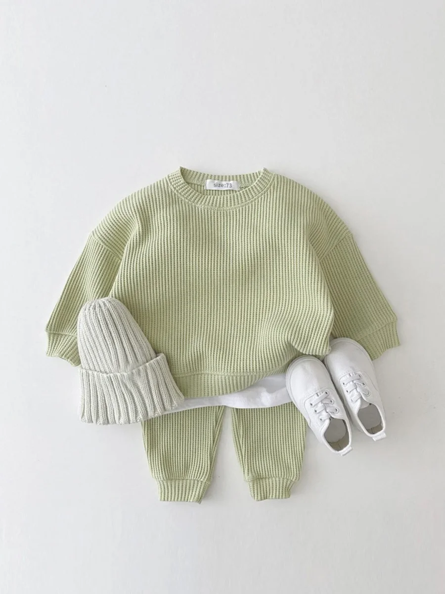 Set med Byxa och Tröja i Vågigt Waffelmönster – Porto-Novo Unisex, Blå/Rosa/Grå/Grön/Gul, Bomull, Storlek 0–3 år - Bild 6
