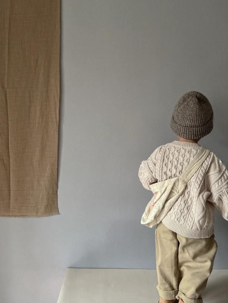 Stickad Tröja med Flätmönster – Pyong Unisex, Brun/Grön/Beige, Bomull, Storlek 0–6 år - Bild 8