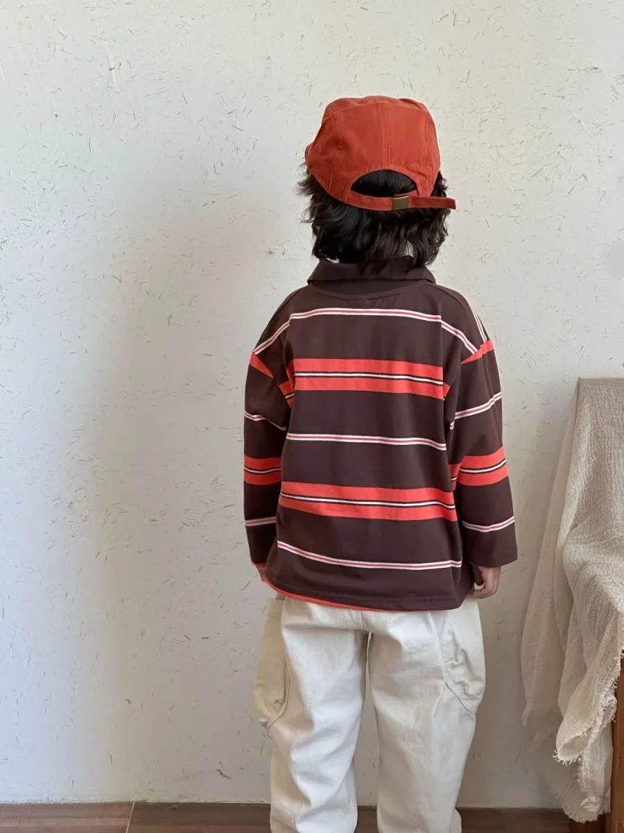 Pikétröja med ränder – LuckyStripe Unisex, Brun/Grå, Bomull, Storlek 0–8 år - Bild 3