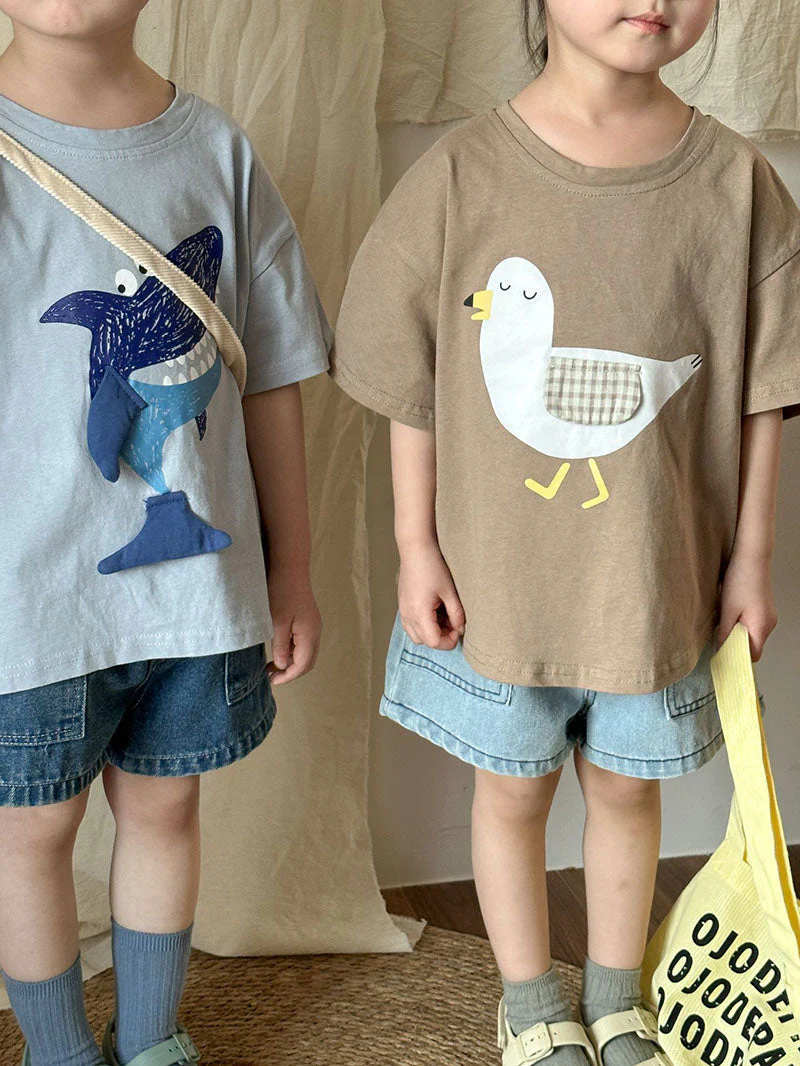 3D T-shirt med haj och mås – Baby, Småbarn, Förskolebarn, Barn, Blå/Brun, Bomull, Storlek 0–8 år - Bild 2