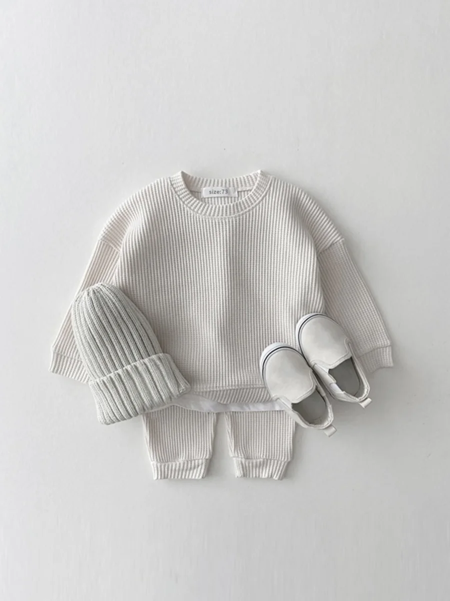 Set med Byxa och Tröja i Vågigt Waffelmönster – Porto-Novo Unisex, Blå/Rosa/Grå/Grön/Gul, Bomull, Storlek 0–3 år - Bild 5