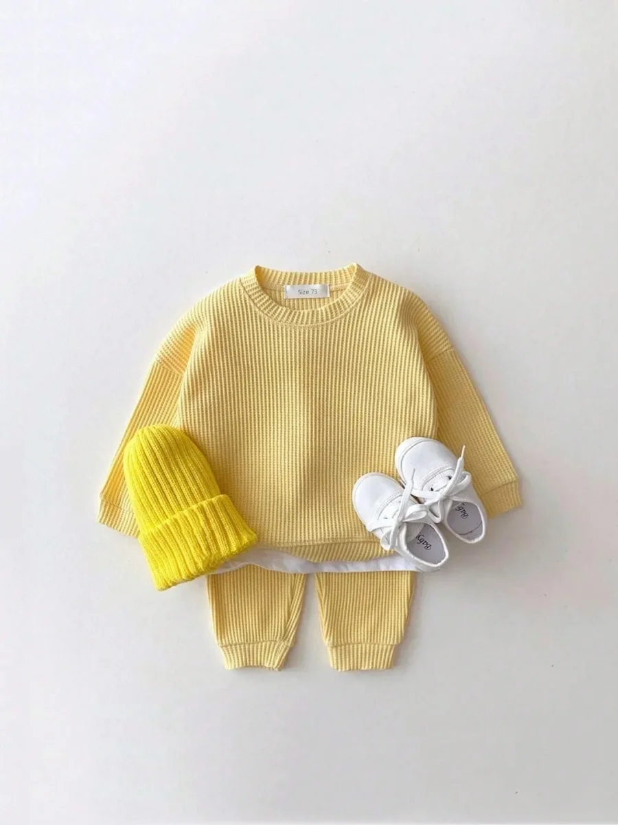 Set med Byxa och Tröja i Vågigt Waffelmönster – Porto-Novo Unisex, Blå/Rosa/Grå/Grön/Gul, Bomull, Storlek 0–3 år - Bild 7