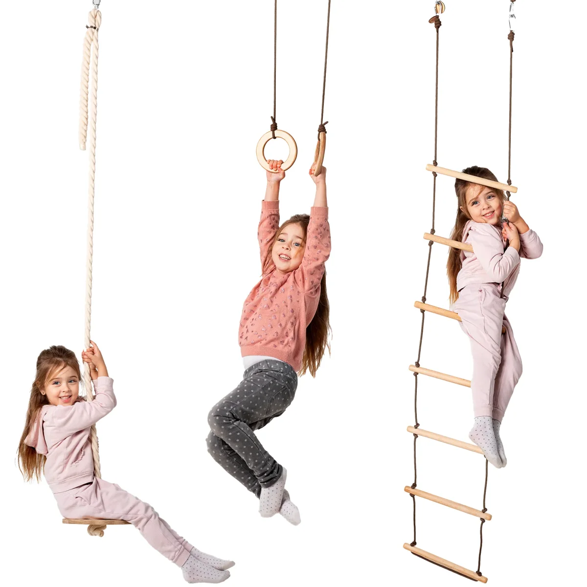 Gungset med tre funktioner i ett: Repstege + gymnastikringar + skivgunga med rep - Bild 2
